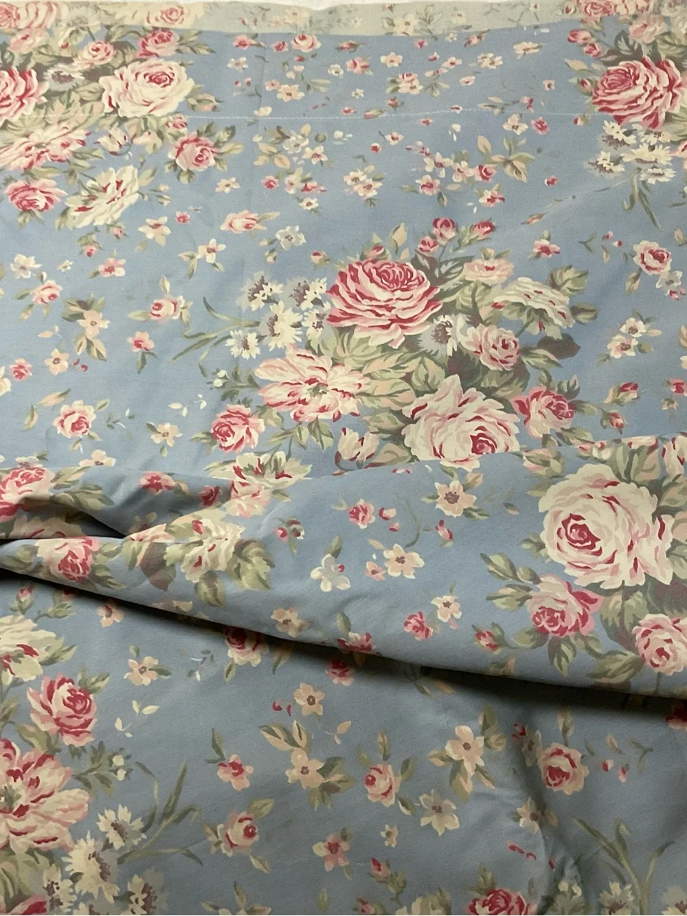 Ralph Lauren Blue Floral King Flat Sheet with Pink Rose Pattern Shelter Island